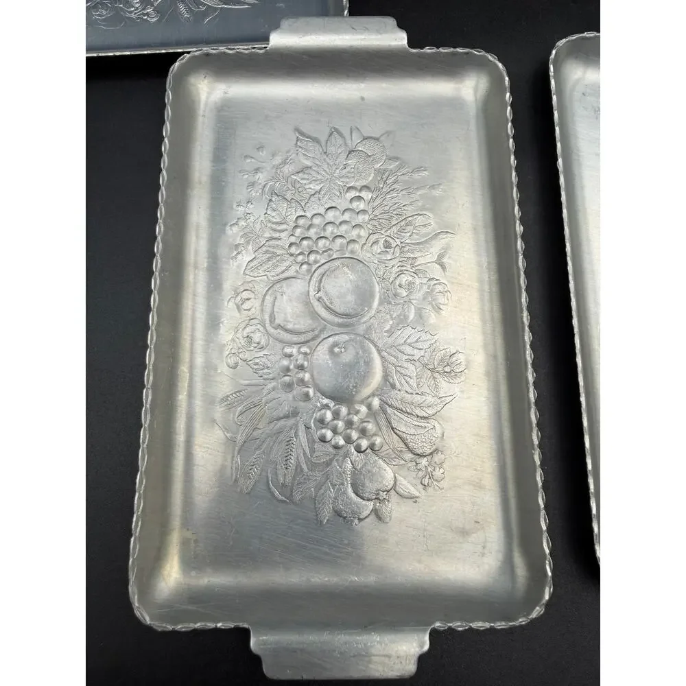 Vintage Aluminum Snack Trays Fruit Design 4x7 Set of 4 Embossed Mid Century